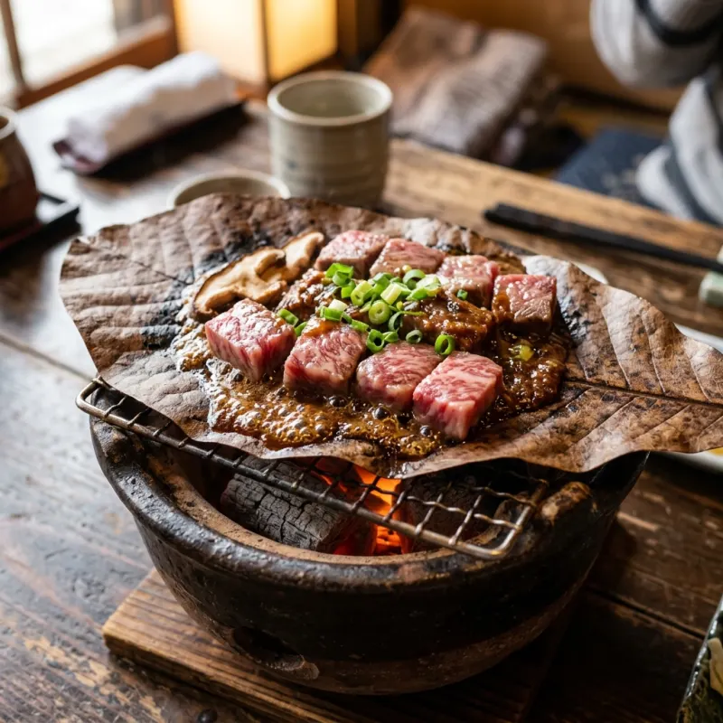 Japanese Hoba Miso Steak with Hida beef sizzling on a dried magnolia leaf over a charcoal burner