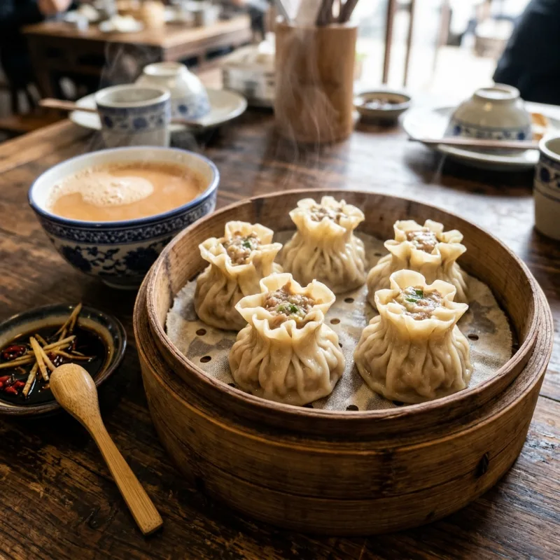 Steamed Hohhot mutton shaomai served hot in a bamboo basket with dipping sauce and brick tea