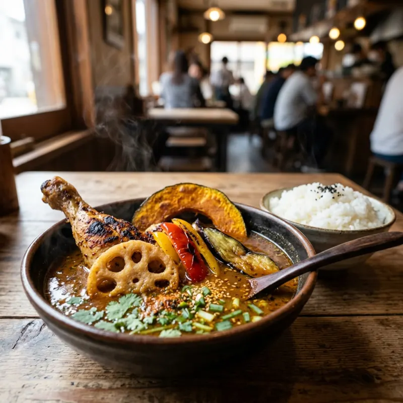 Authentic steaming Hokkaido soup curry with roasted chicken and crisp seasonal vegetables