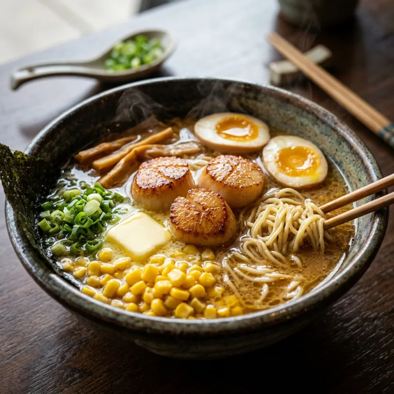 Bowl of steaming Hokkaido hotate scallop and butter ramen