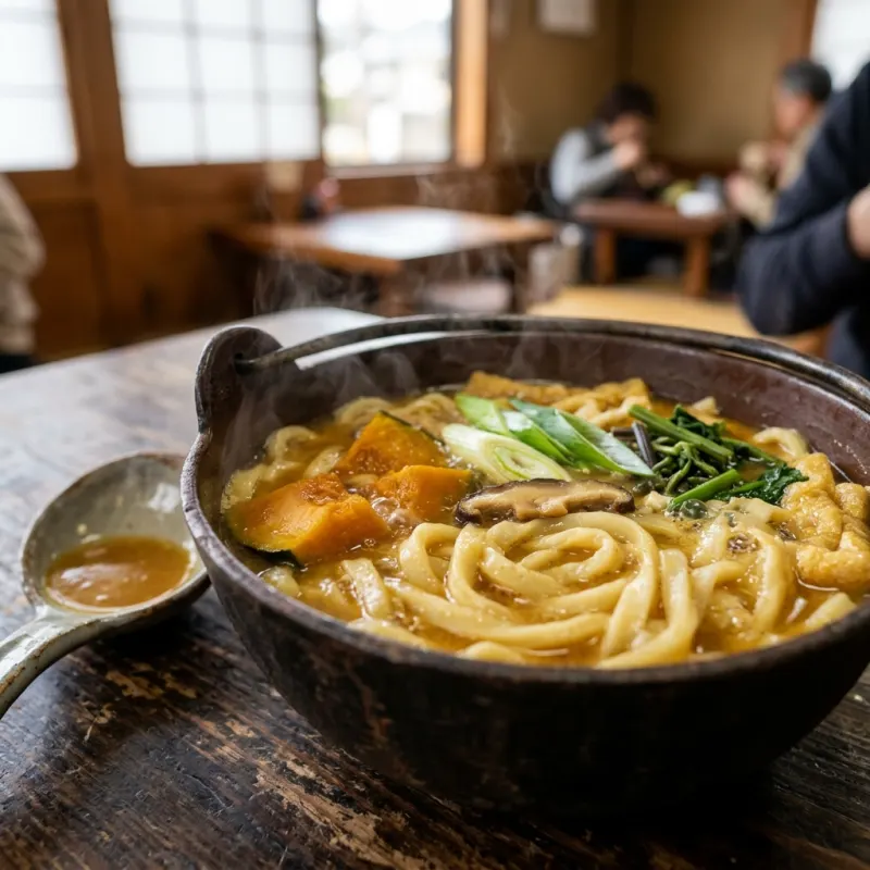 Steaming bowl of authentic Kofu Hoto noodles with pumpkin and vegetables in a rustic pot