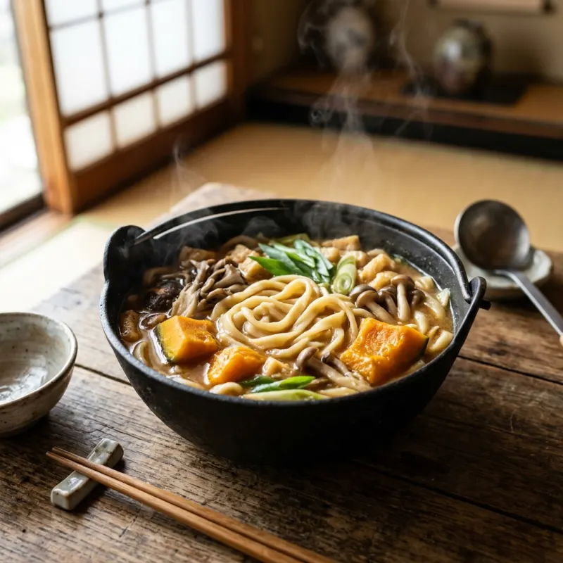 Steaming bowl of traditional Yamanashi Hoto noodles with pumpkin and vegetables in a cast iron pot