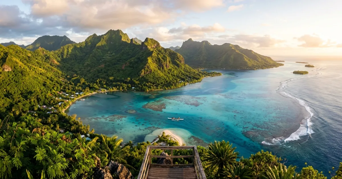 Panoramic view of the emerald mountains and turquoise lagoon of Huahine in French Polynesia