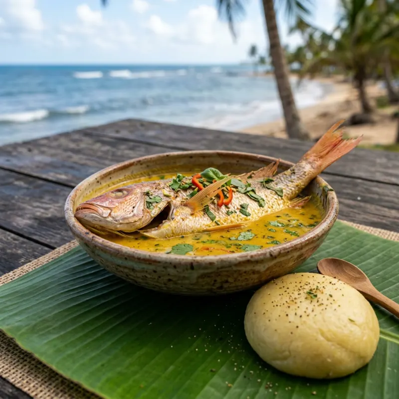 Authentic Belizean Garifuna Hudut fish soup with plantain fu-fu