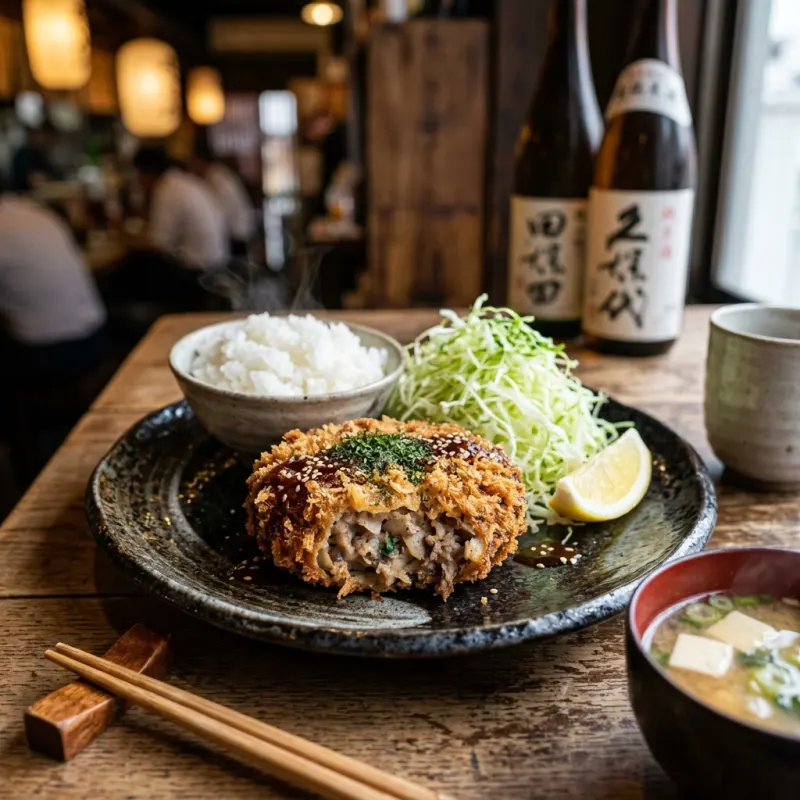 Golden brown fried Japanese igamenchi squid patties on ceramic plate