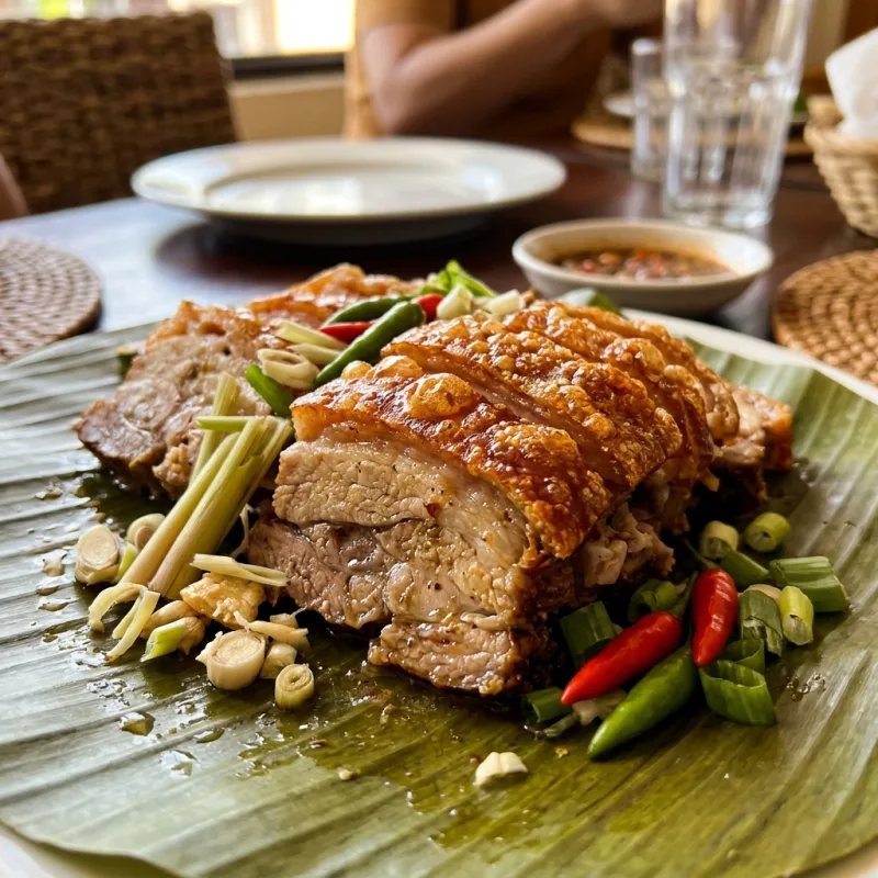 Platter of crispy Iligan lechon pork on a banana leaf