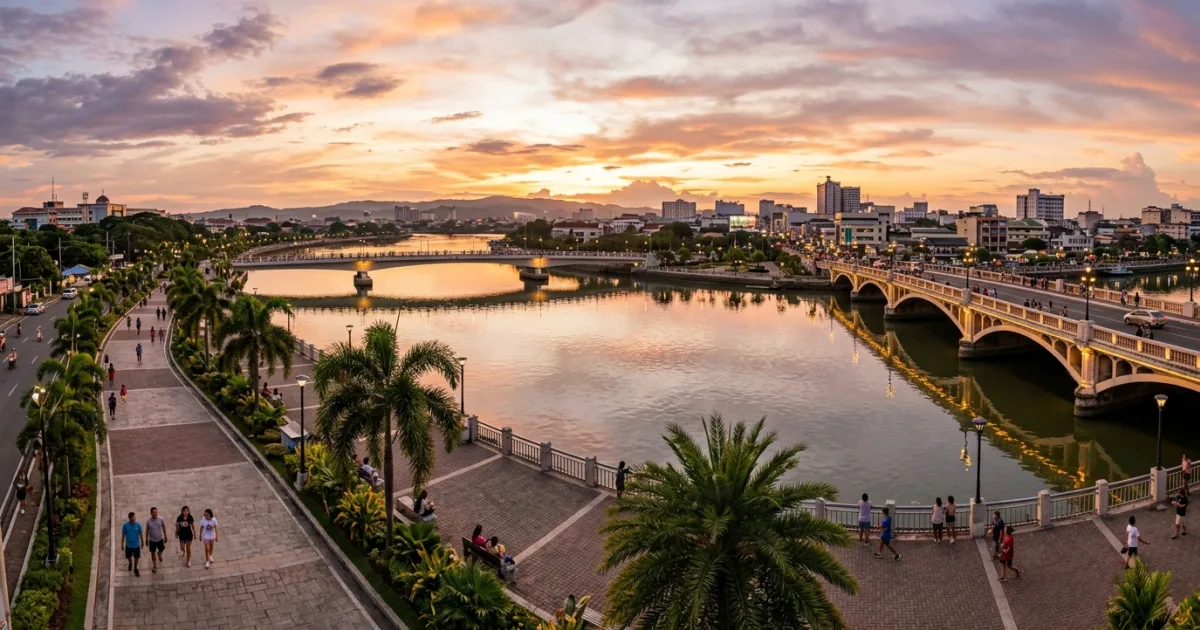 Wide-angle view of the scenic Iloilo Esplanade along the Iloilo River at sunset