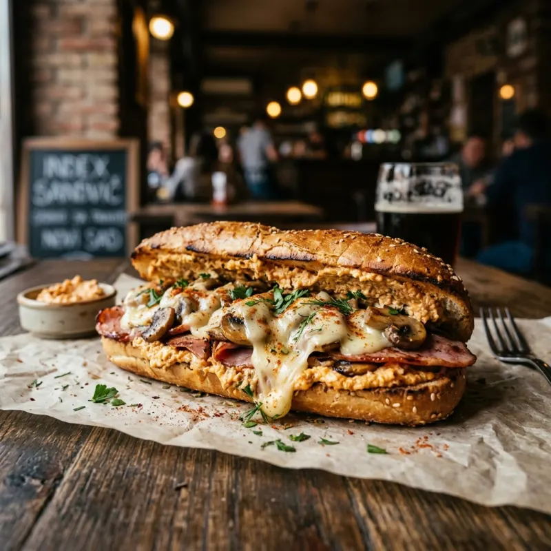Authentic Novi Sad Index Sandwich with melted cheese, mushrooms, and ham