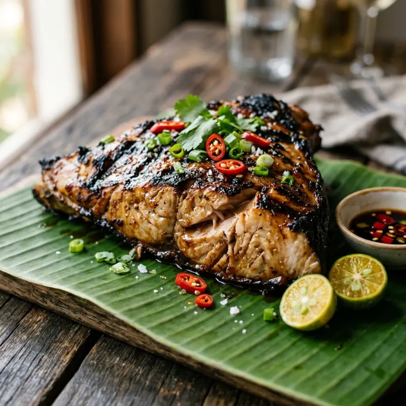 Inihaw na Panga ng Tuna, char-grilled yellowfin tuna jaw served with calamansi and chilies