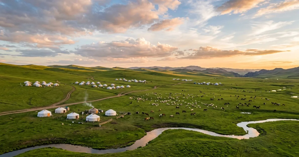 Panoramic view of rolling green grasslands with traditional yurts in Inner Mongolia