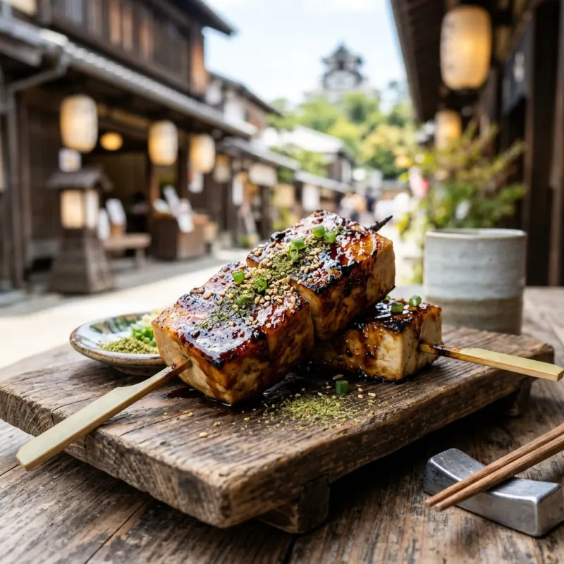 Skewered grilled tofu with rich Hatcho miso glaze known as Inuyama Tofu Dengaku