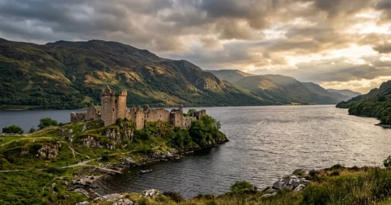 Inverness-shire 6 Panoramic view of Urquhart Castle ruins on the shore of Loch Ness in Inverness-shire Scotland