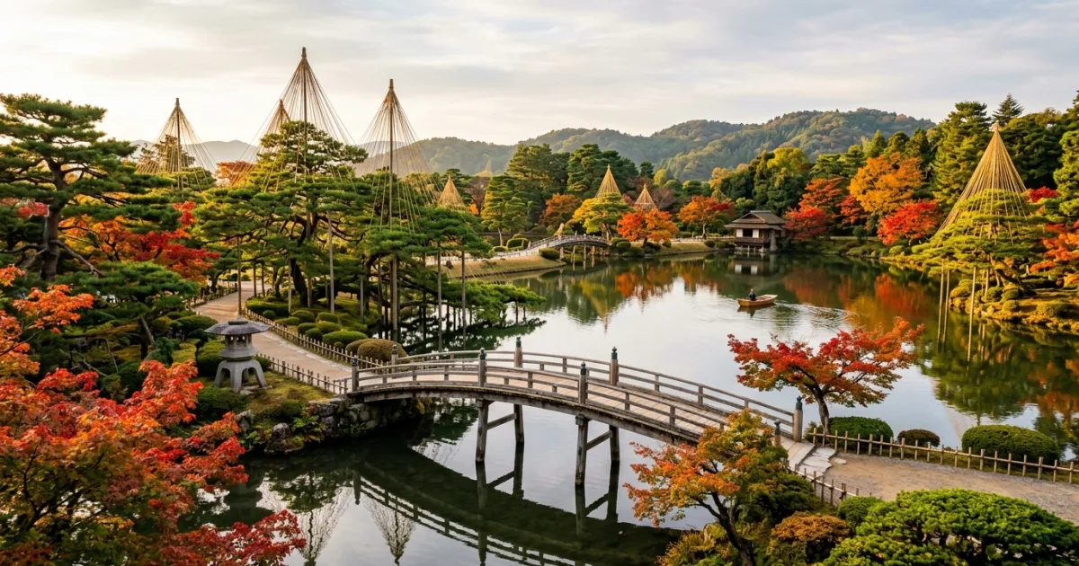 Panoramic view of Kenroku-en Garden with autumn foliage and traditional stone lanterns in Ishikawa