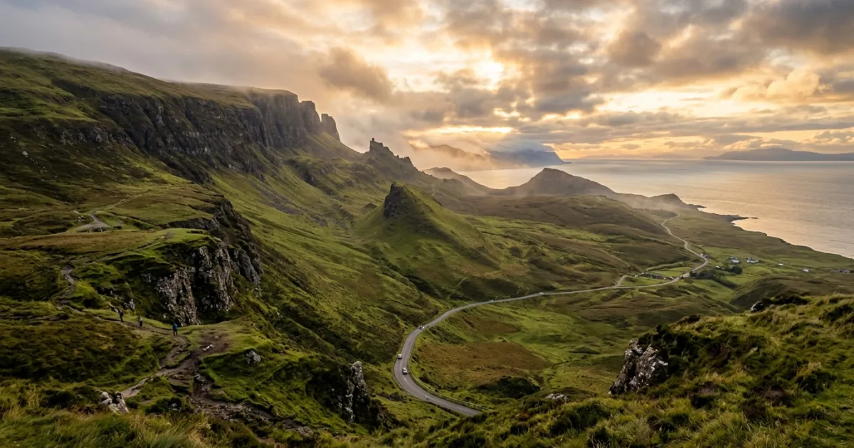 Dramatic wide panoramic view of the Quiraing on the Isle of Skye in Scotland