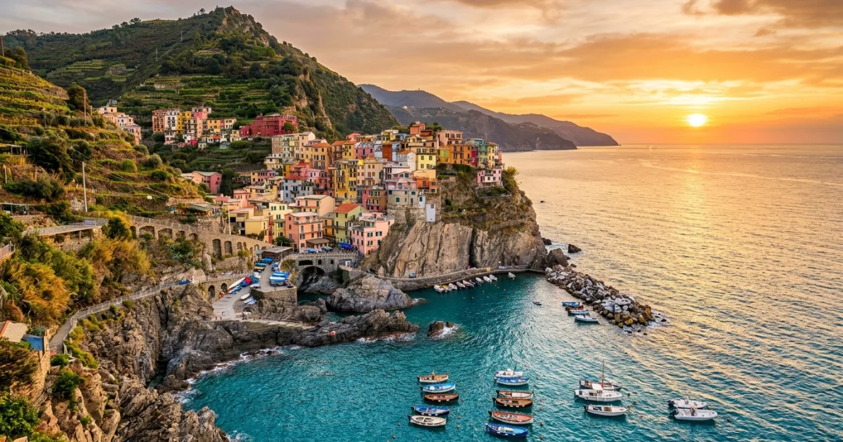 Panoramic view of colorful cliffside houses and turquoise harbor along the Italian Riviera coastline