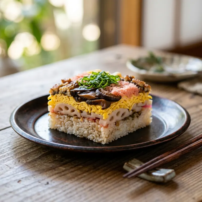 Authentic layered Iwakuni-zushi pressed sushi on traditional Japanese lacquer plate