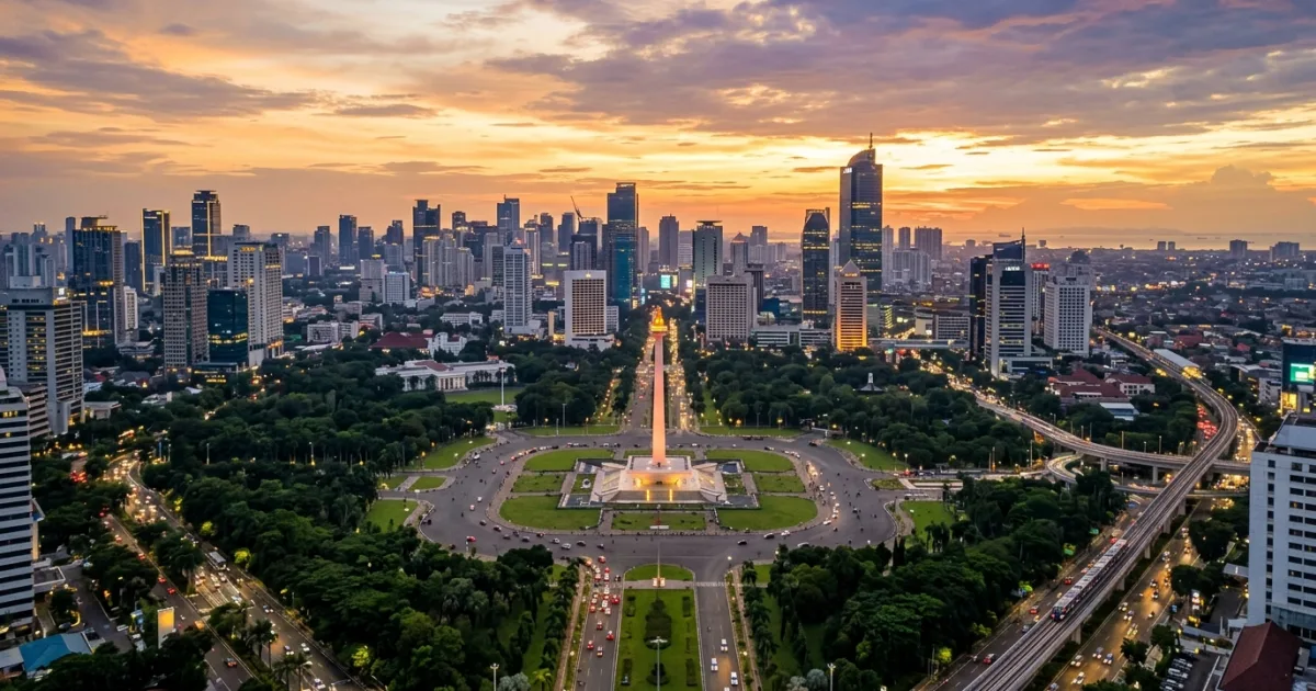 Panoramic skyline view of Jakarta showing Monas and modern skyscrapers at sunset