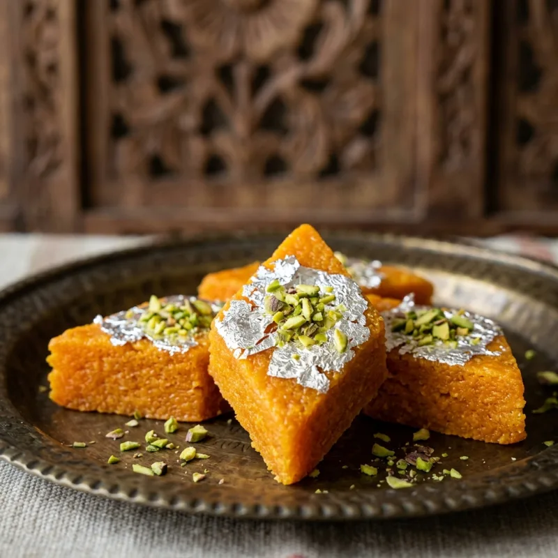 Authentic Jhalawar Orange Barfi on a traditional brass platter