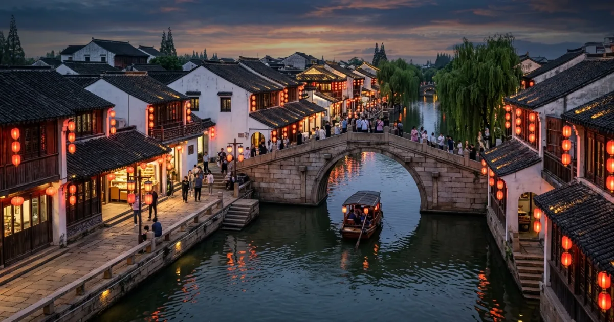 Scenic canal water town in Jiangsu China with traditional stone bridges and red lanterns at dusk