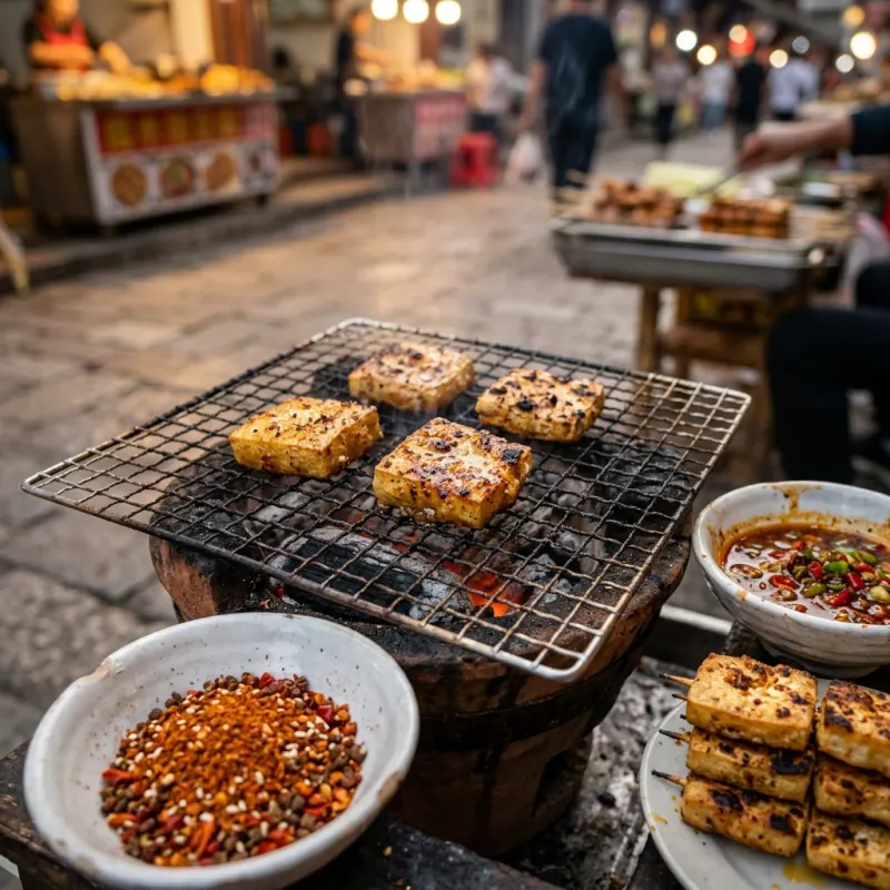 Golden puffed Jianshui roasted tofu grilling on a charcoal brazier with dipping sauces