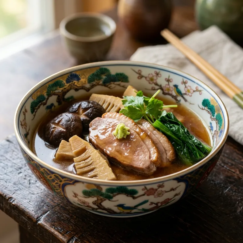 Japanese Jibuni duck stew served in a traditional Kutani ceramic bowl with vegetables and wasabi