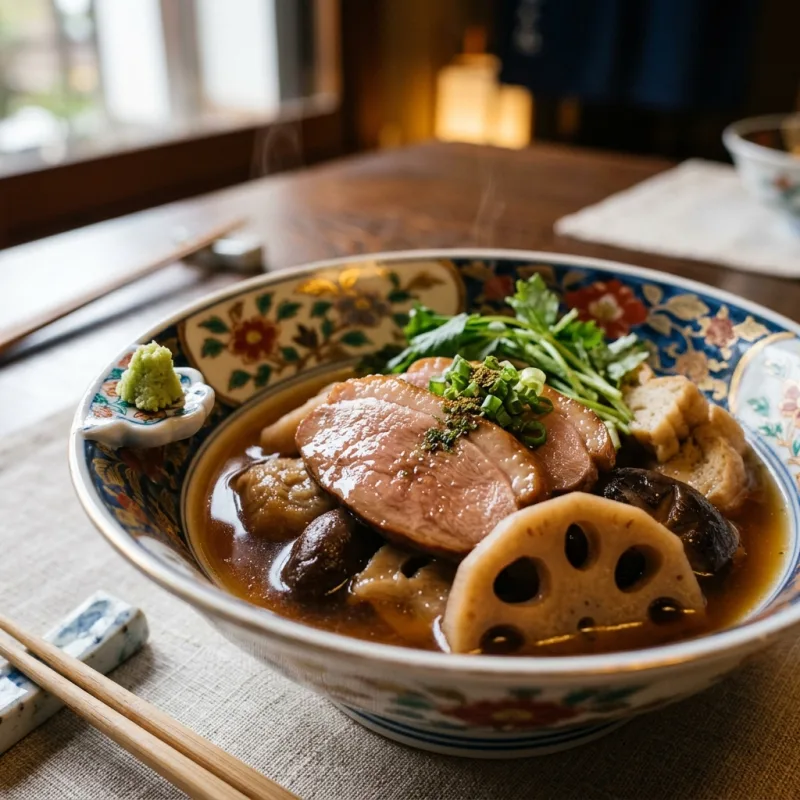 Authentic Japanese Jibuni stew served in a traditional decorated lacquer bowl
