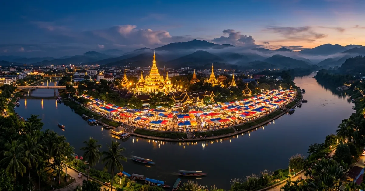 Panoramic view of Jinghong night market and Buddhist pagoda illuminated along the river