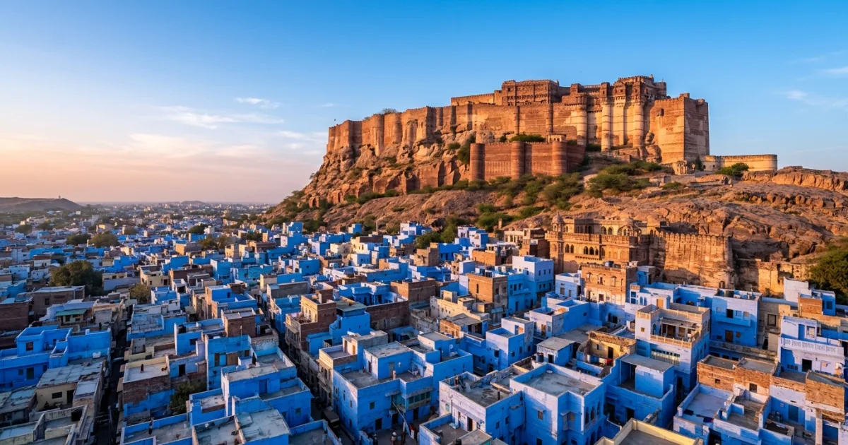 Panoramic view of the blue painted houses of Jodhpur rising toward Mehrangarh Fort under warm morning sunlight