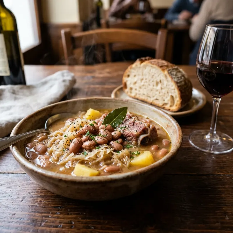 Bowl of traditional Triestine Jota stew made with sauerkraut, beans, and smoked pork
