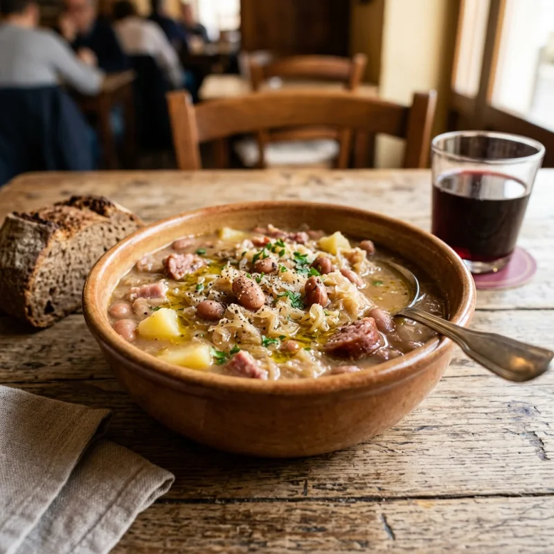 A traditional bowl of Jota Triestina soup with beans, sauerkraut, and smoked pork.