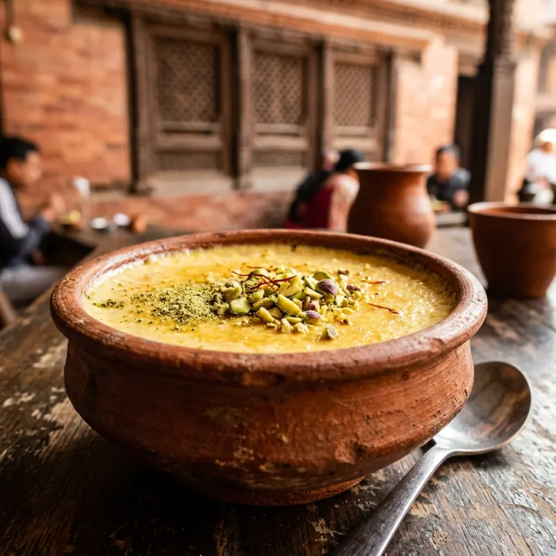 Traditional Juju Dhau King Curd served in an authentic terracotta bowl in Bhaktapur