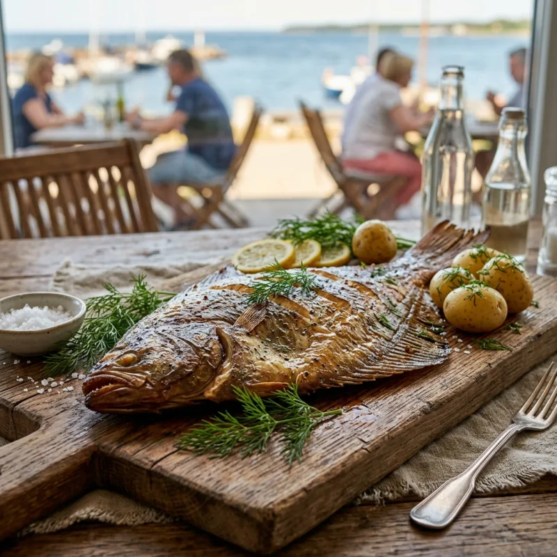 Smoked Baltic flounder served on a rustic wooden platter with fresh dill and lemon