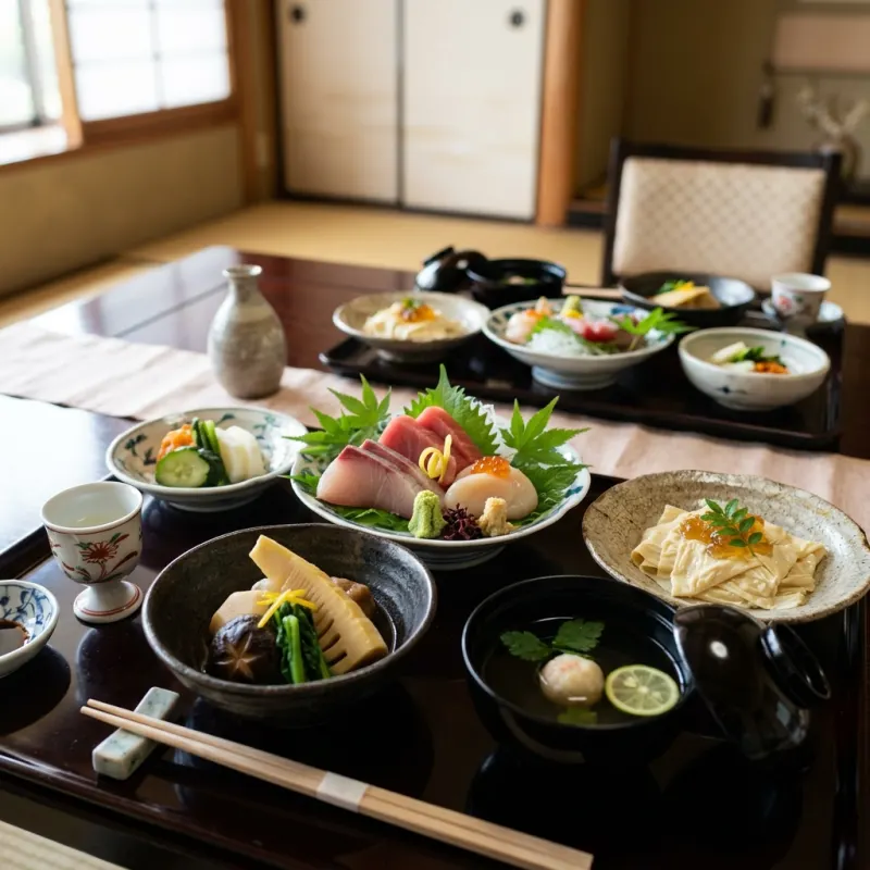 Authentic Kyoto Kaiseki ryori feast served on traditional lacquerware