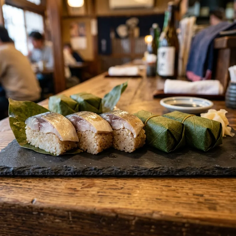 Authentic Kakinoha-zushi wrapped in persimmon leaves on a ceramic plate in Nara