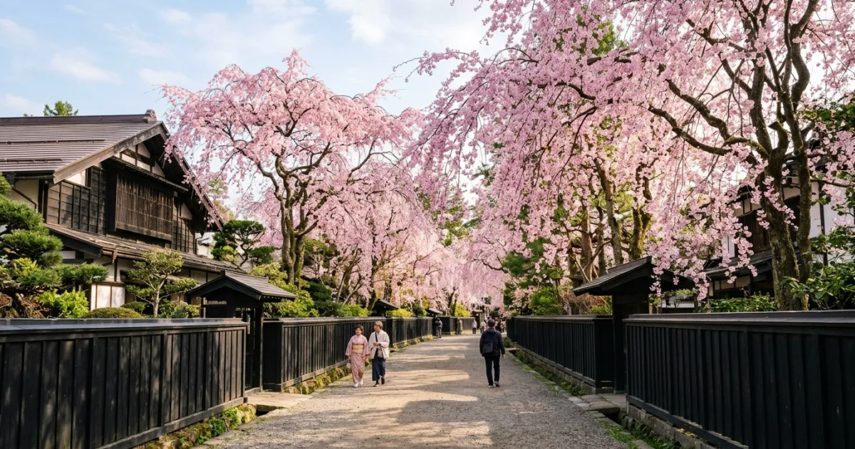 Weeping cherry blossoms along the samurai district street in Kakunodate, Japan