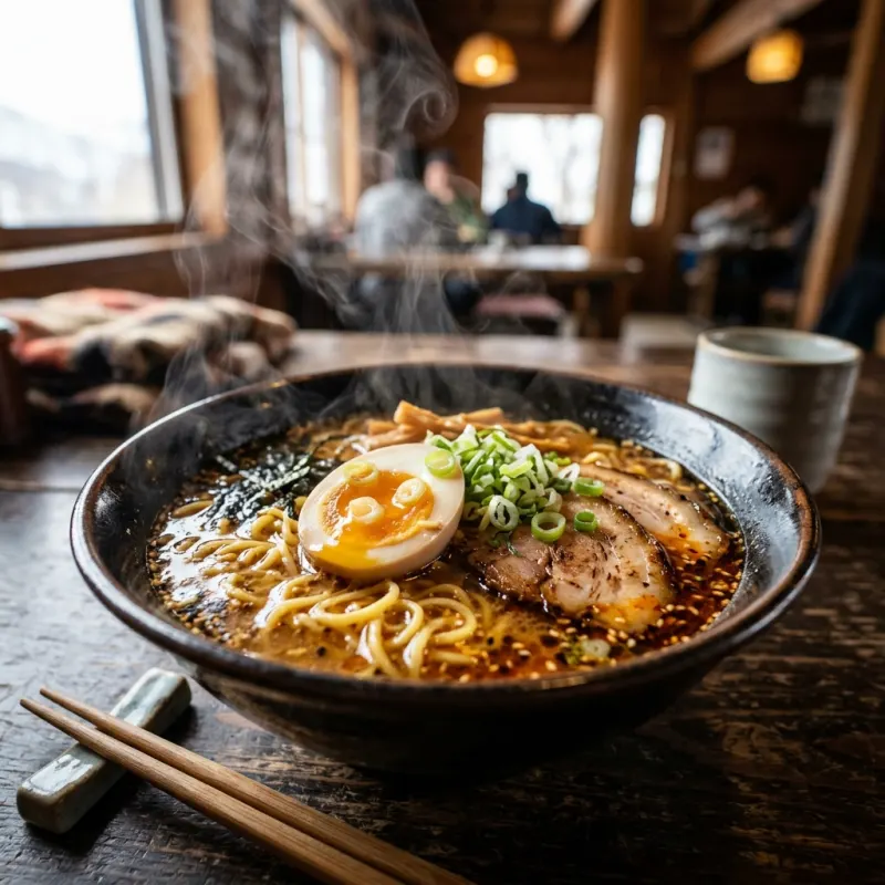 Bowl of steaming Japanese Kamikawa ramen with pork and scallions