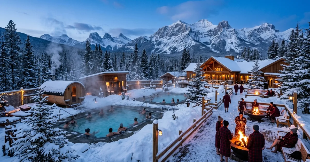 Kananaskis Nordic Spa steaming outdoor pools and cedar saunas surrounded by snowy pine trees and Rocky Mountains