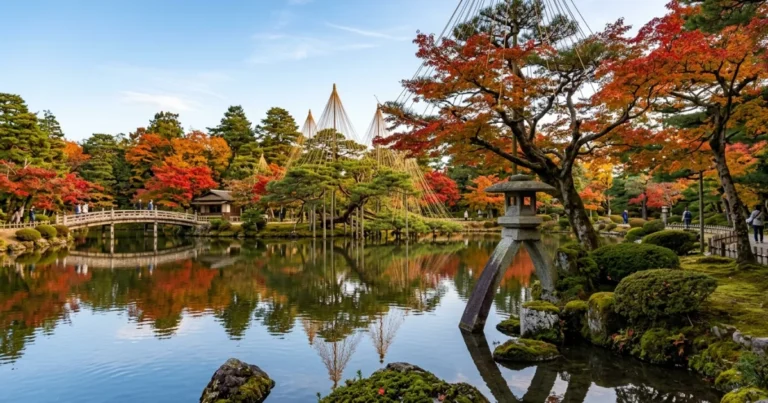 Kanazawa 6 Kenroku-en garden in Kanazawa featuring the Kotoji-toro stone lantern and autumn trees reflected in the pond