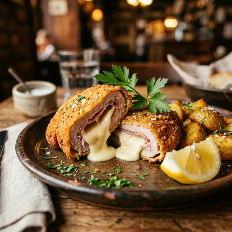 Golden breaded Karadjordjeva schnitzel filled with melted kajmak cream on a rustic plate