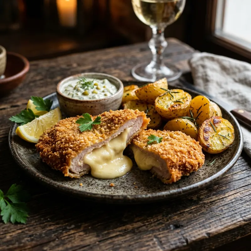 Golden-brown Karađorđeva steak cut open with melted kajmak cheese filling on a tavern plate