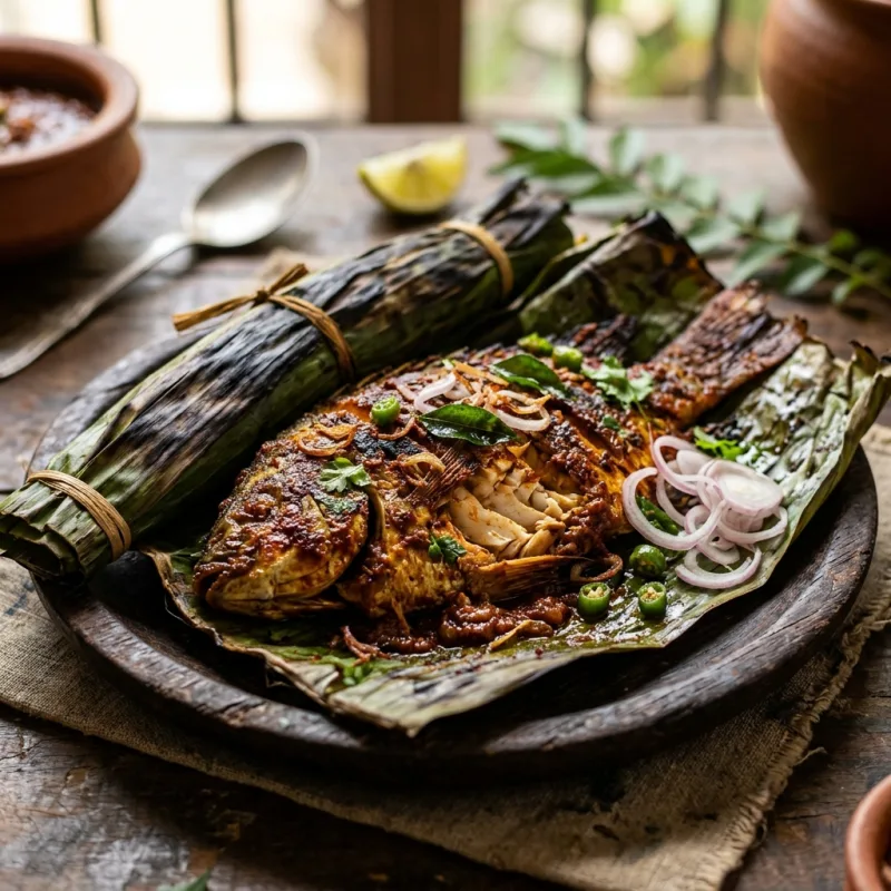 Karimeen Pollichathu, traditional Kerala spiced fish cooked inside a banana leaf