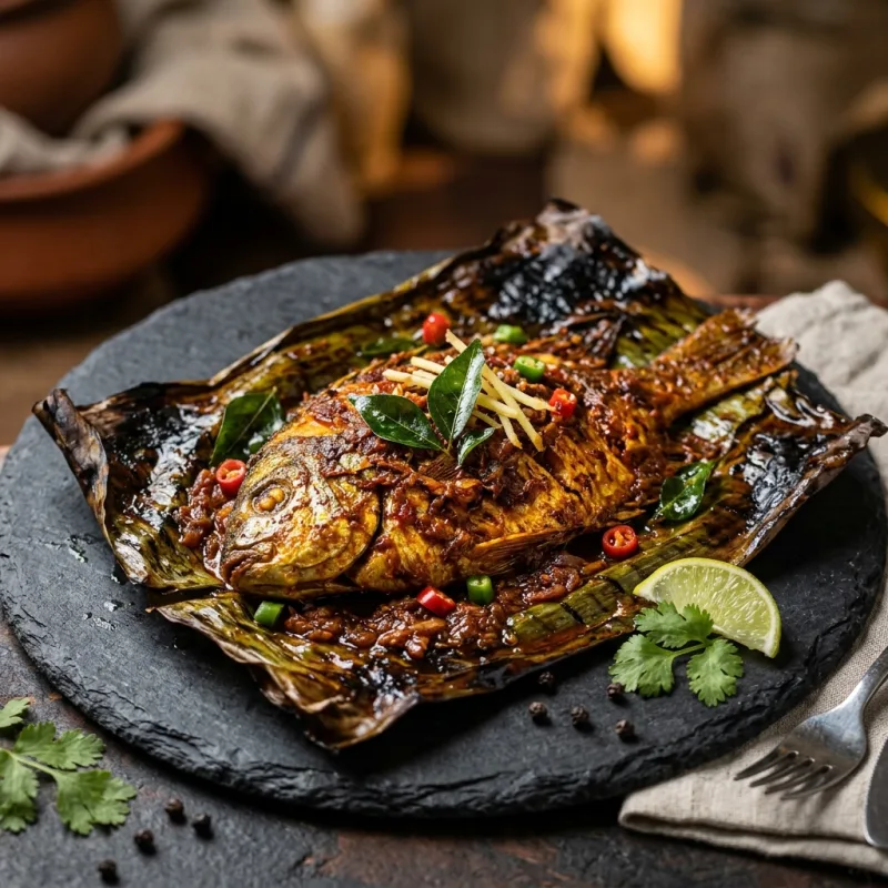 Authentic Kerala Karimeen Pollichathu pan-roasted in banana leaf
