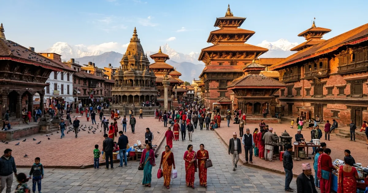 Panoramic view of Kathmandu Durbar Square featuring historic multi-tiered pagodas in Nepal