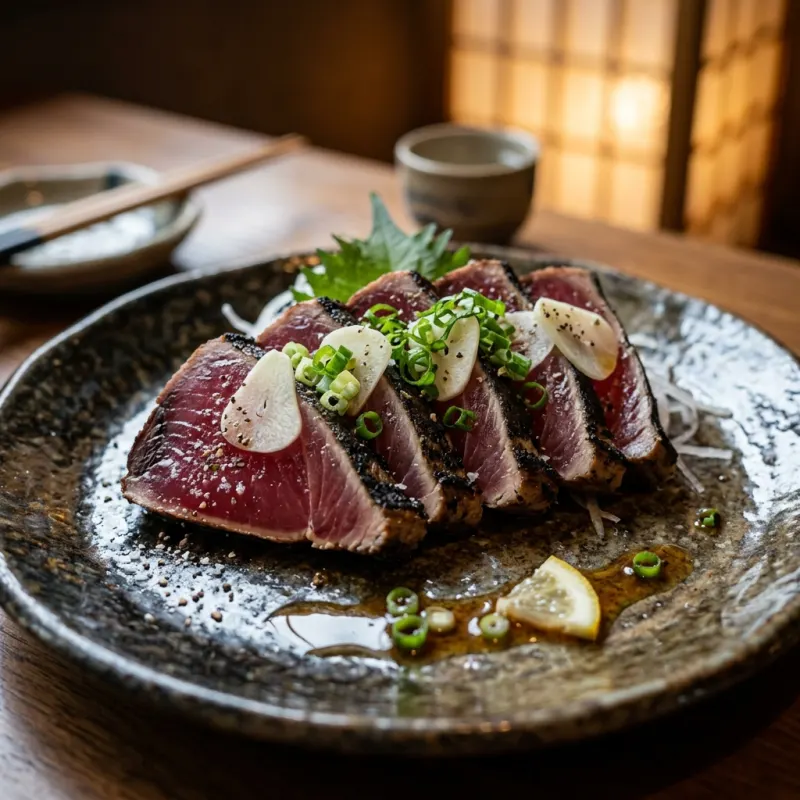 Katsuo no Tataki seared bonito slices garnished with garlic and scallions