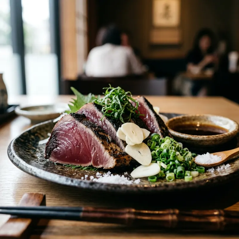Katsuo no Tataki, straw-seared bonito served with sliced garlic and scallions on a ceramic plate.