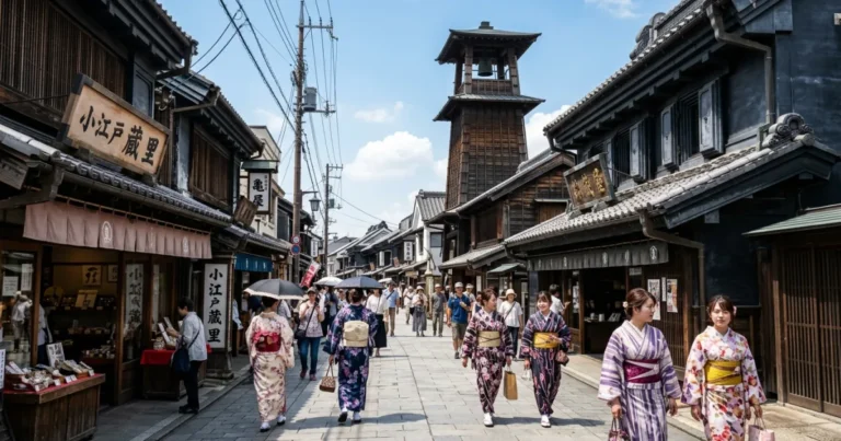 Kawagoe 2 Historic Kurazukuri merchant street and Toki no Kane bell tower in Kawagoe Japan