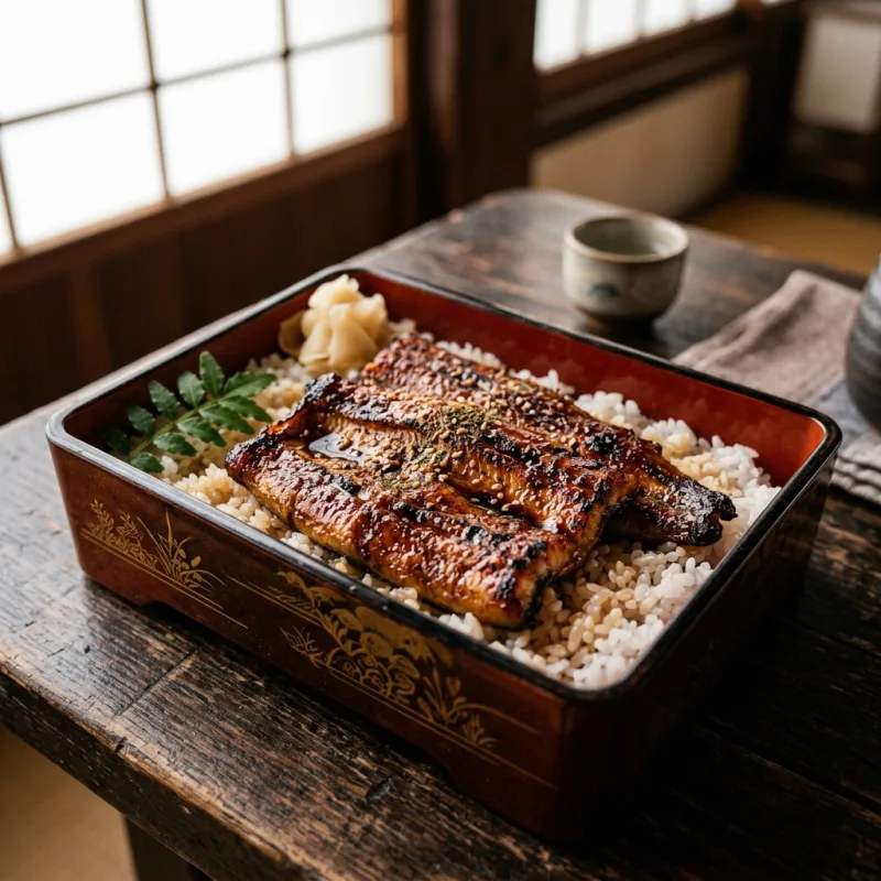 Japanese Unagi Kabayaki grilled eel over rice in a lacquered box