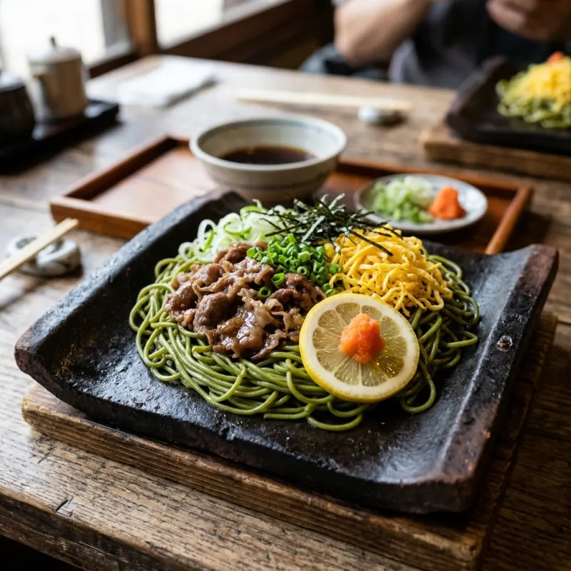 Japanese Kawara Soba noodles sizzling on a heated clay roof tile