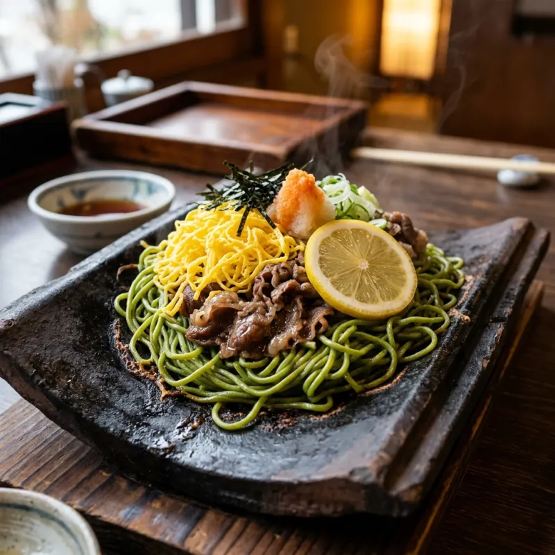 Kawara Soba noodles cooked on a traditional heated roof tile with beef and egg toppings