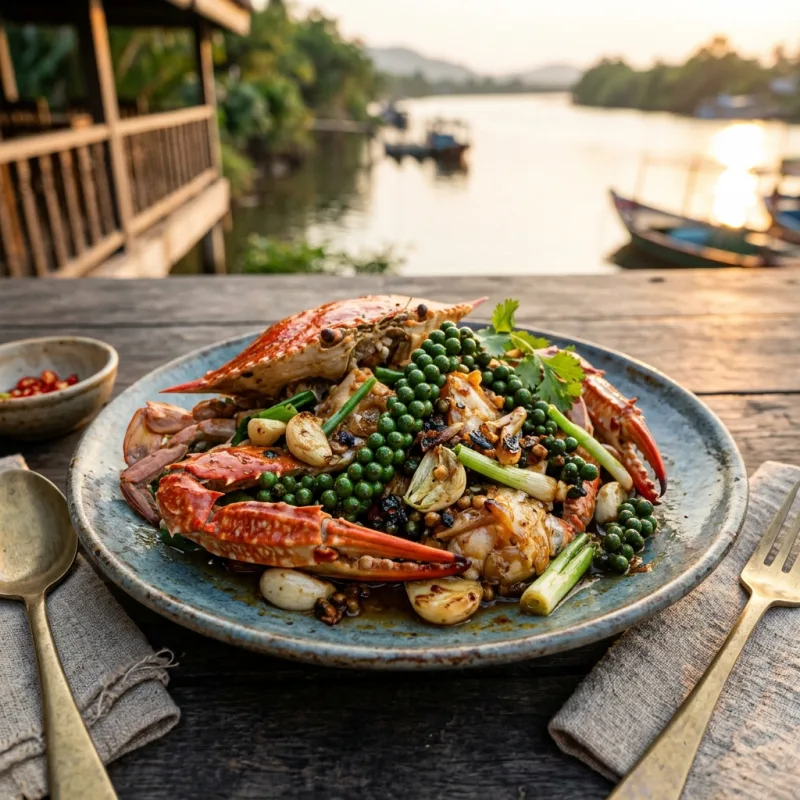 Authentic Kampot stir-fried crab with fresh green peppercorns